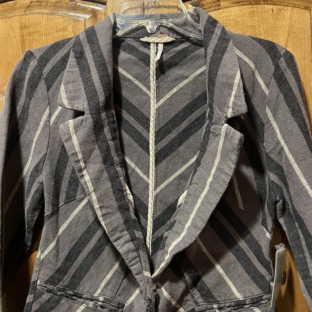 FREE PEOPLE F042J931 Charcoal Combo Stripe Yarn Dye Linen Blazer Sz 10 NWT-$128 - Picture 4 of 12